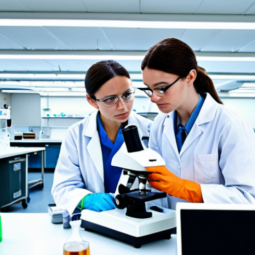 **

A brightly lit biology lab, researchers in lab coats working at various stations: one using a microscope, another analyzing data on a computer, and a third carefully handling test tubes. Focus on the collaboration and meticulous nature of scientific research. Add beakers, petri dishes, and scientific instruments.

**