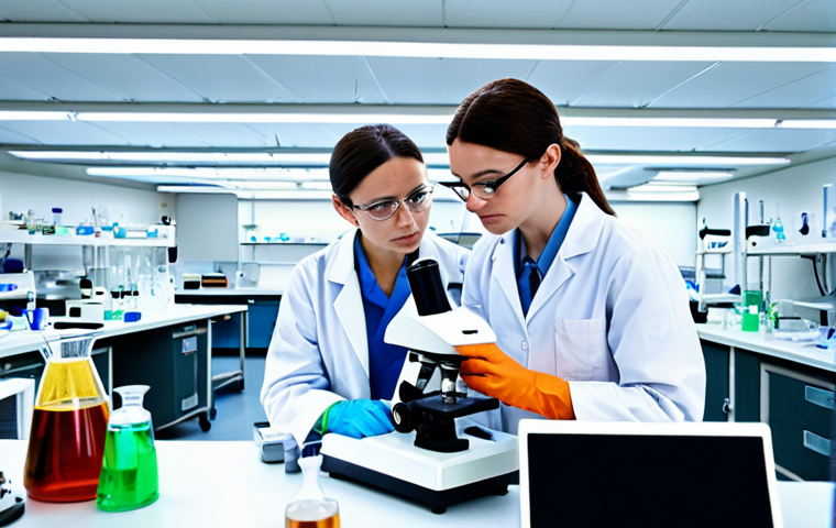 **

A brightly lit biology lab, researchers in lab coats working at various stations: one using a microscope, another analyzing data on a computer, and a third carefully handling test tubes. Focus on the collaboration and meticulous nature of scientific research. Add beakers, petri dishes, and scientific instruments.

**